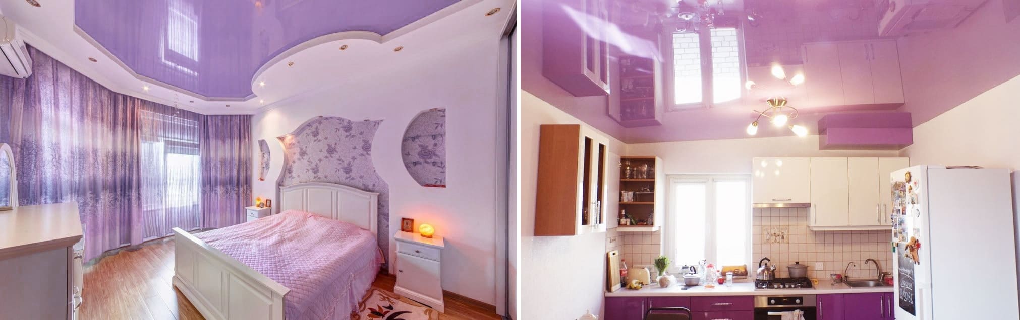 Сиреневый натяжной потолок в дизайне интерьера на кухне и в спальне. Профессиональный монтаж от специалистов Alezi
