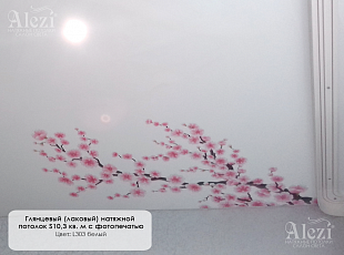 Глянцевый натяжной потолок "сакура" с фотопечатью от "Алези"